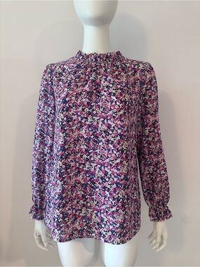 Floral Ruffle-Neck Long Sleeve Top - Purple Lilac Multi Size S